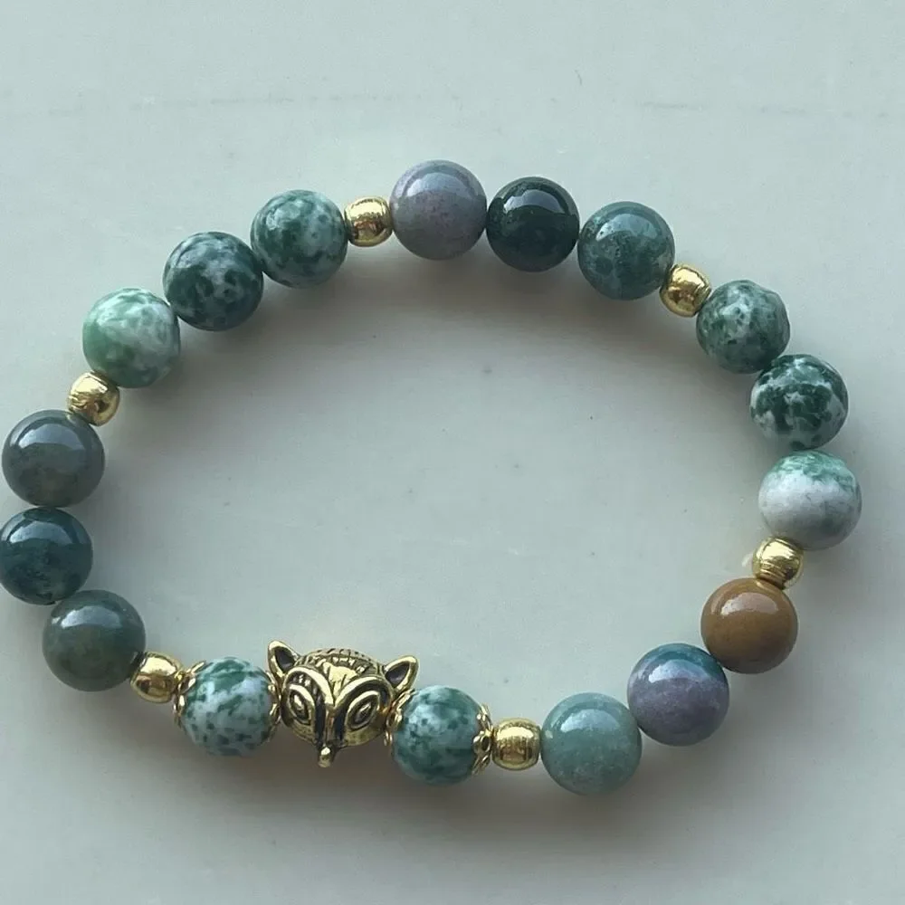 Tree agate dendritic India agate fox head face ONE stretch bracelet NEW reiki me